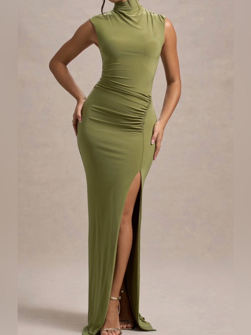 Club L London | Olive Green Ruched Maxi Dress with Side Slit